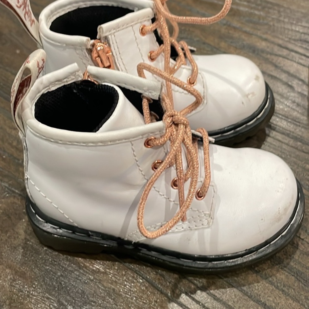 Dr. Martens White Kids Boots with Peach Laces